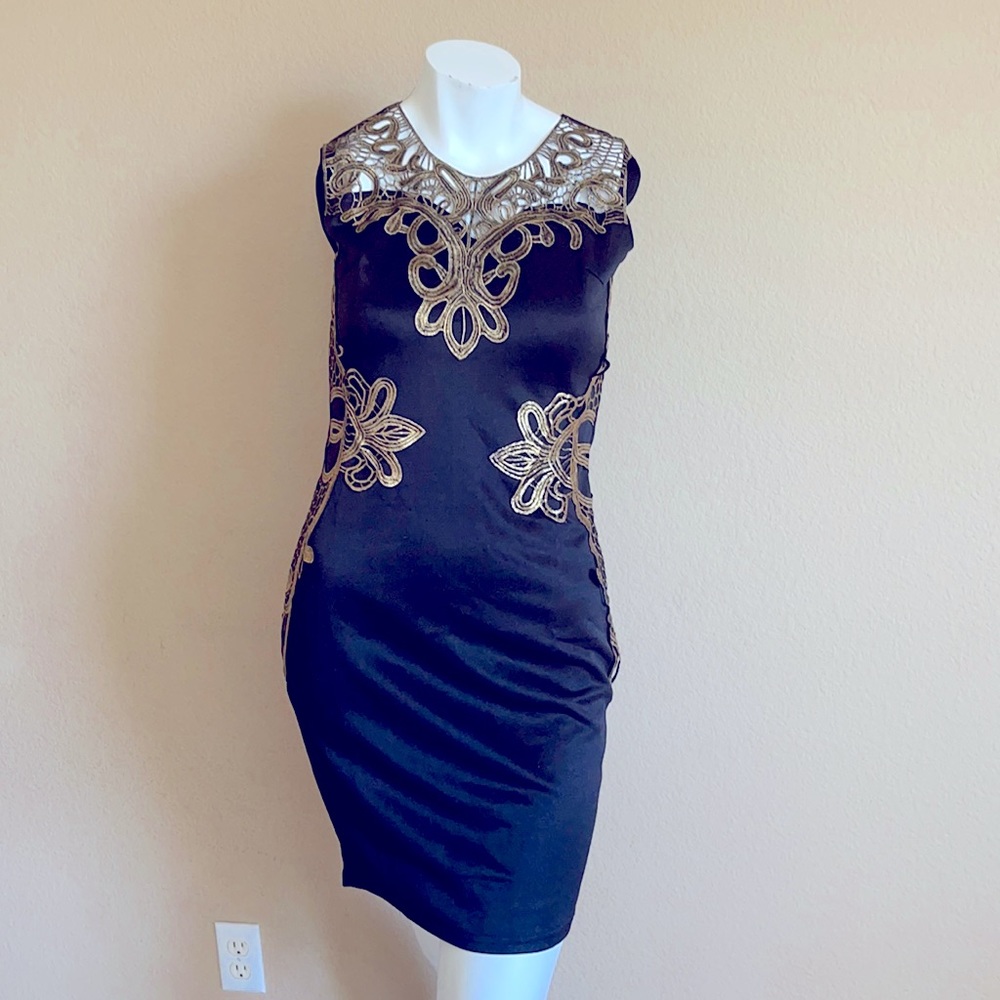 Black and Gold mini Appliqué dress